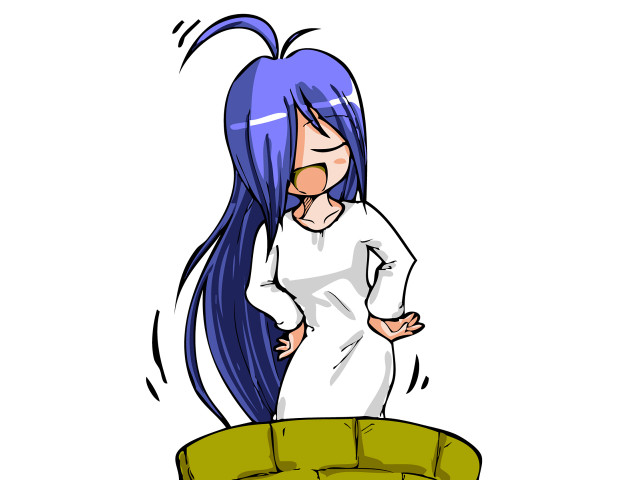 Blue haired girl standing couch free wallpaper for desktop - medium preview image
