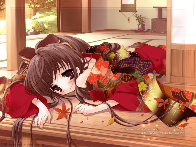 Woman red kimono autumn anime free wallpaper for desktop - medium preview image