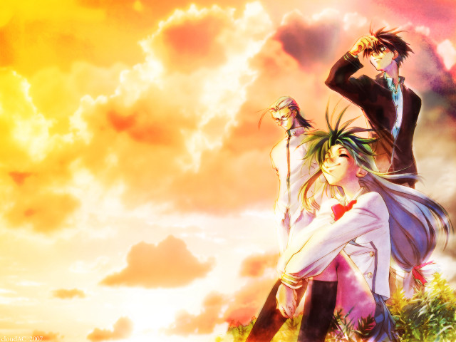 Anime couple autumn grass clouds free wallpaper for desktop - medium preview image