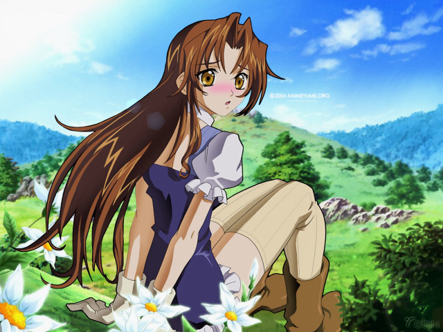 Girl daisy field mountains anime free wallpaper for desktop - medium preview image