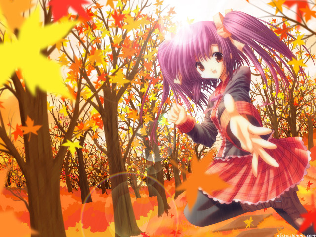 Autumn leaves girl dress anime free wallpaper for desktop - medium preview image