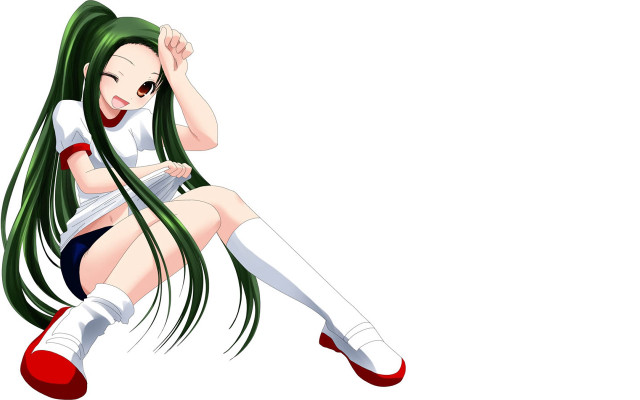 Green haired girl sitting crossed free wallpaper for desktop - medium preview image