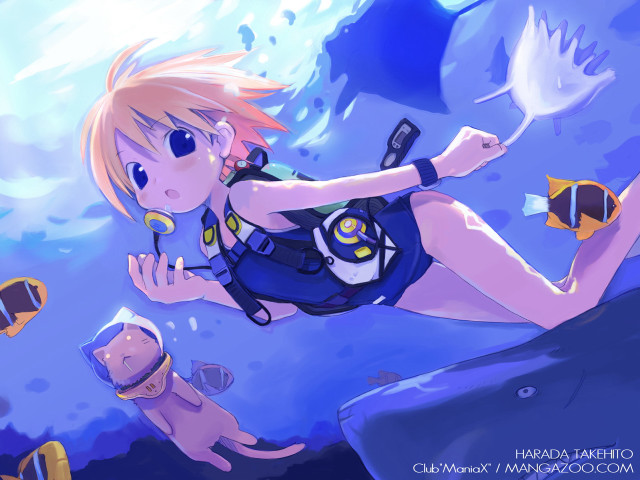 Woman floating scuba cat anime free wallpaper for desktop - medium preview image