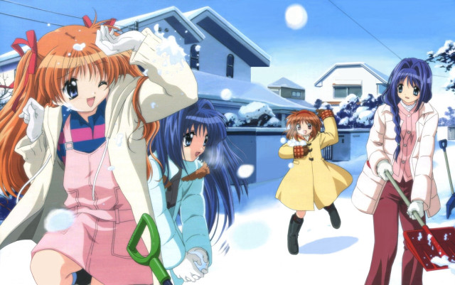 Snowy girls umbrellas dog blue free wallpaper for desktop - medium preview image