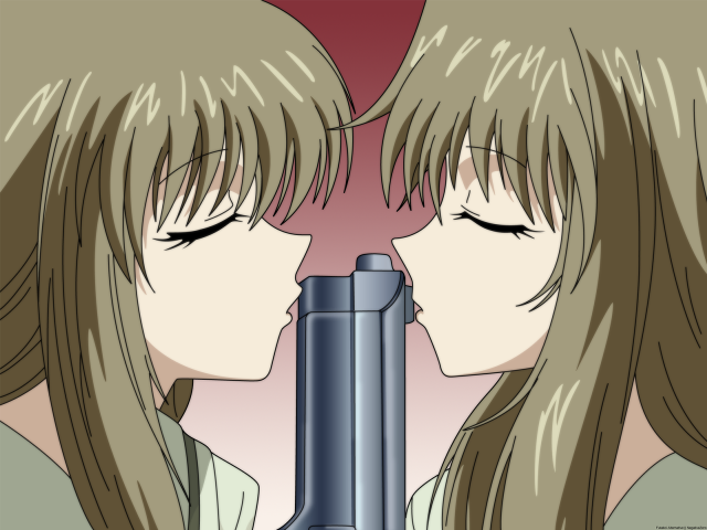 Anime girls kissing gun red free wallpaper for desktop - medium preview image