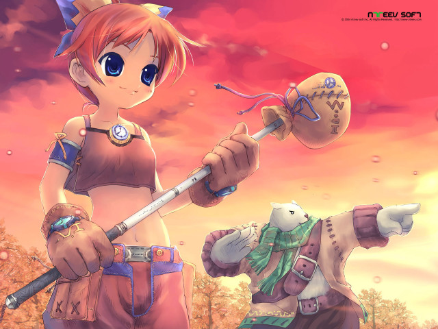 Girl sword bear sunset clouds free wallpaper for desktop - medium preview image