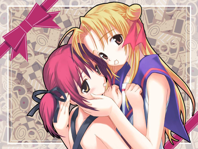 Anime girls hug pink bow free wallpaper for desktop - medium preview image