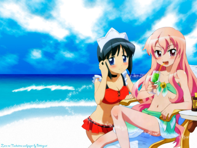 Anime girls beach drink sunset free wallpaper for desktop - medium preview image