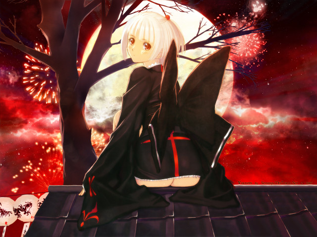 Woman roof fireworks kimono aurora free wallpaper for desktop - medium preview image