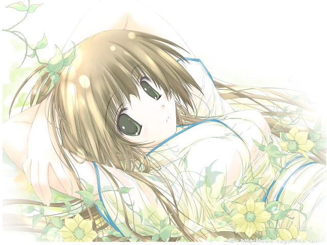 Girl flower head kimono green free wallpaper for desktop - medium preview image