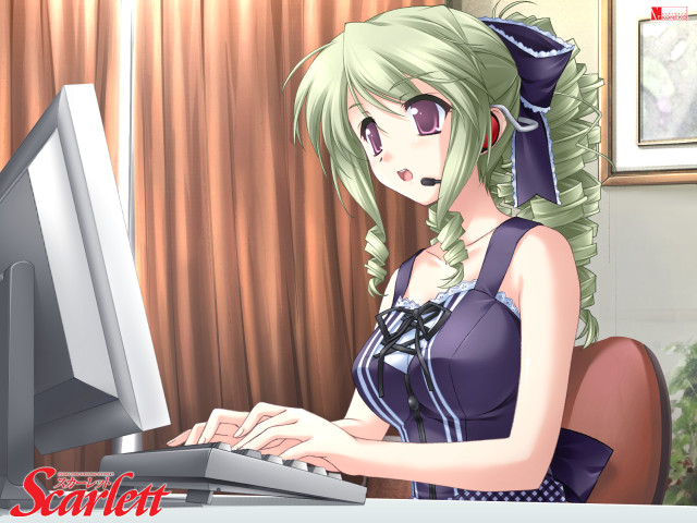 Green haired woman anime desk free wallpaper for desktop - medium preview image