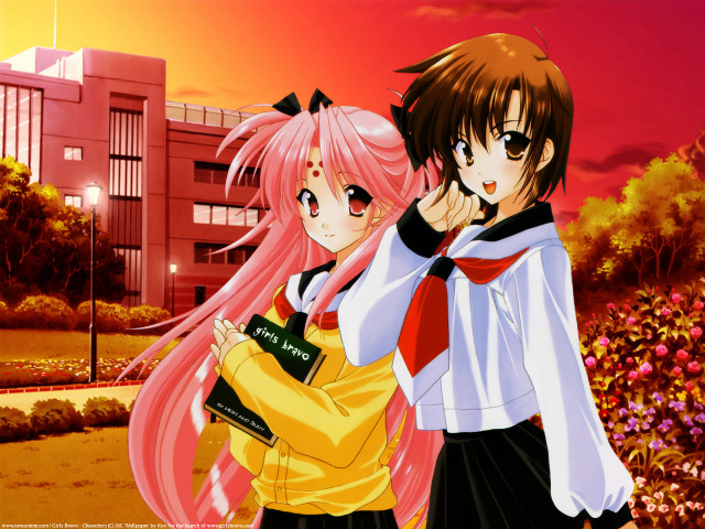 Anime girls autumn leaves building free wallpaper for desktop - medium preview image