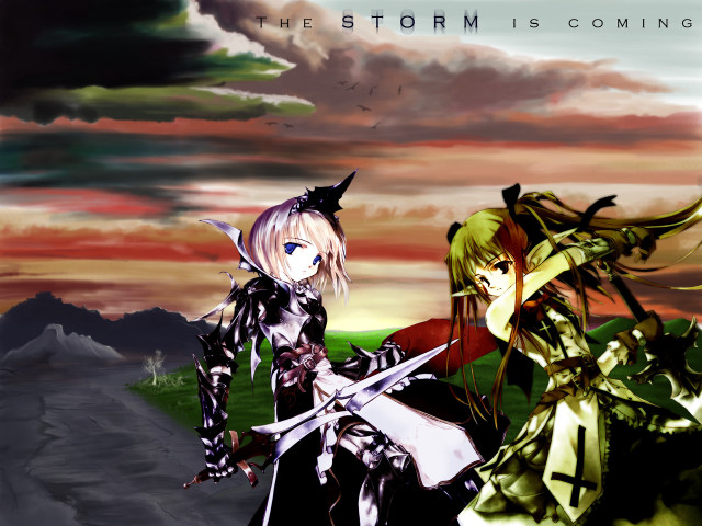 Anime gothic armor birds sunset free wallpaper for desktop - medium preview image