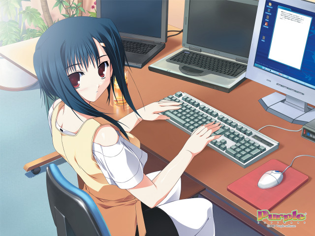 Blue haired girl sitting desk free wallpaper for desktop - medium preview image