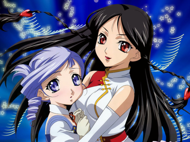 Anime girls hugging blue snowflakes free wallpaper for desktop - medium preview image