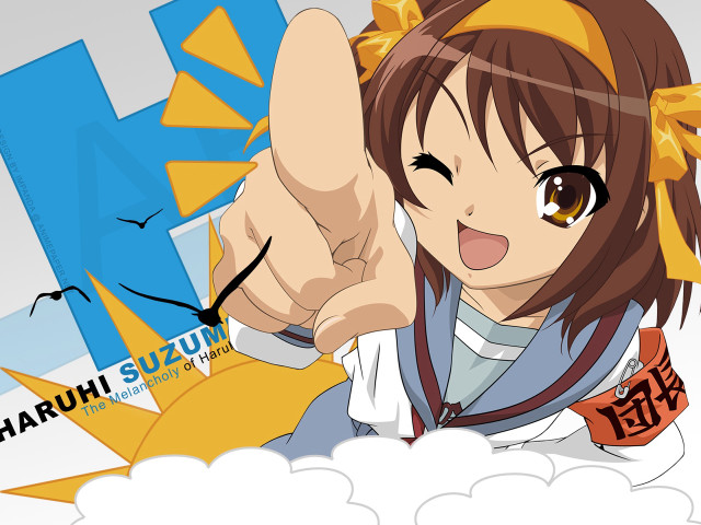 Girl smiling yellowheadband pointing kyoanimation free wallpaper for desktop - medium preview image