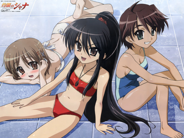 Three anime girls bathroom swimwear free wallpaper for desktop - medium preview image