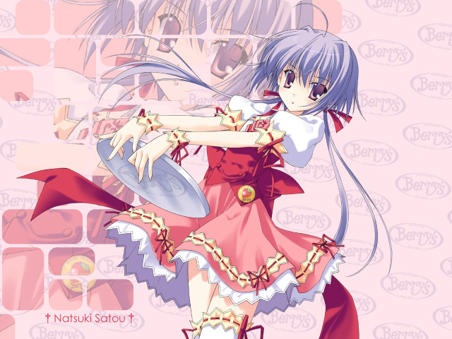 Girl waitress purple hair holding free wallpaper for desktop - medium preview image