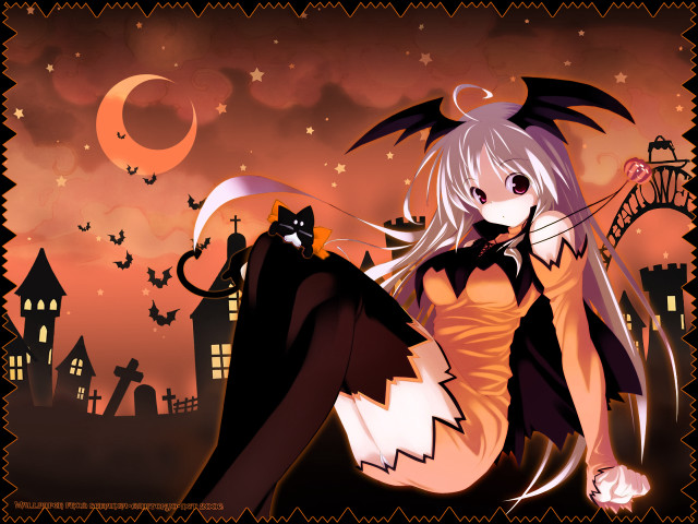 Demon girl halloween cat moon free wallpaper for desktop - medium preview image
