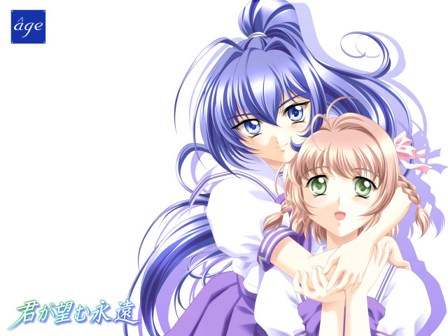 Anime girls hug japanese illustration free wallpaper for desktop - medium preview image