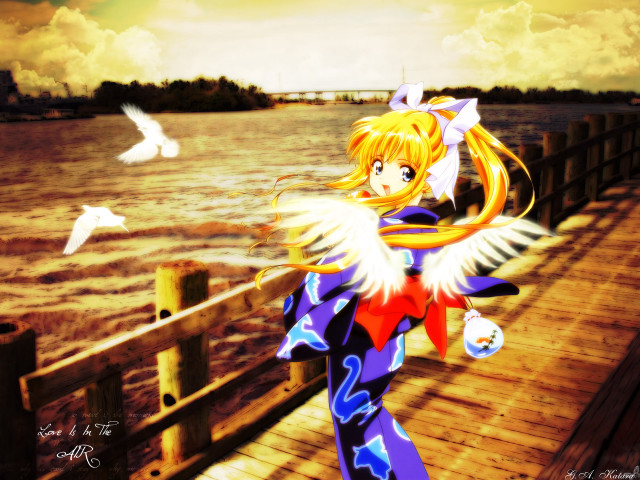 Anime girl blonde wings pier free wallpaper for desktop - medium preview image