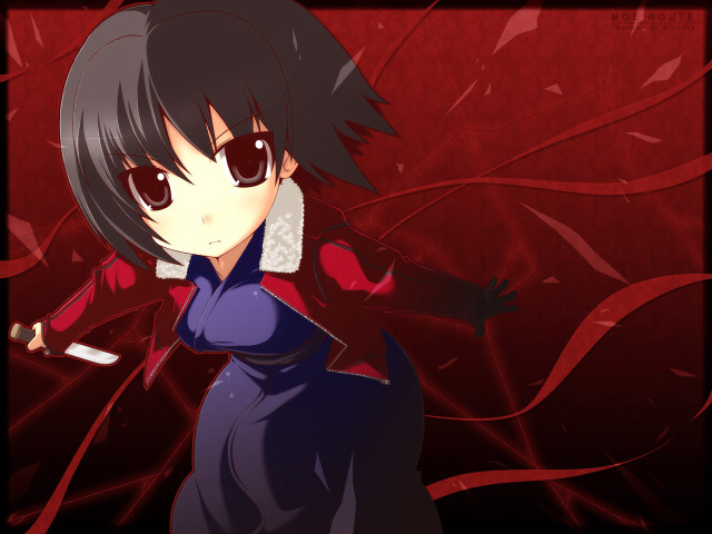 Anime knife redbackground blackhair browneyes free wallpaper for desktop - medium preview image