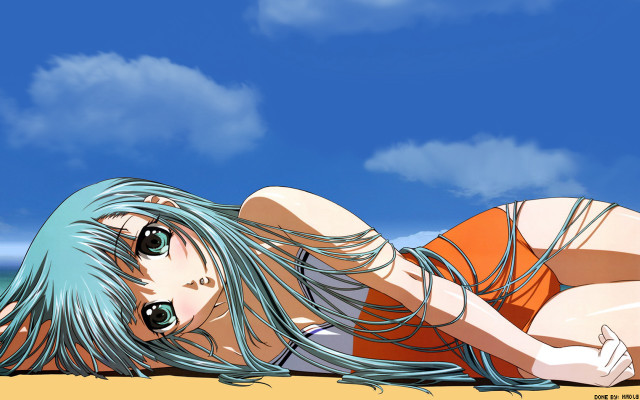 Woman beach blue hair orange free wallpaper for desktop - medium preview image