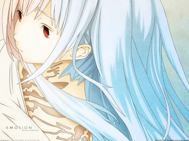 Anime girl blue hair tattoos free wallpaper for desktop - medium preview image