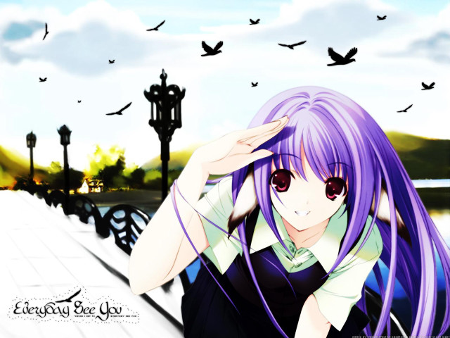 Purple hair girl birds bridge free wallpaper for desktop - medium preview image