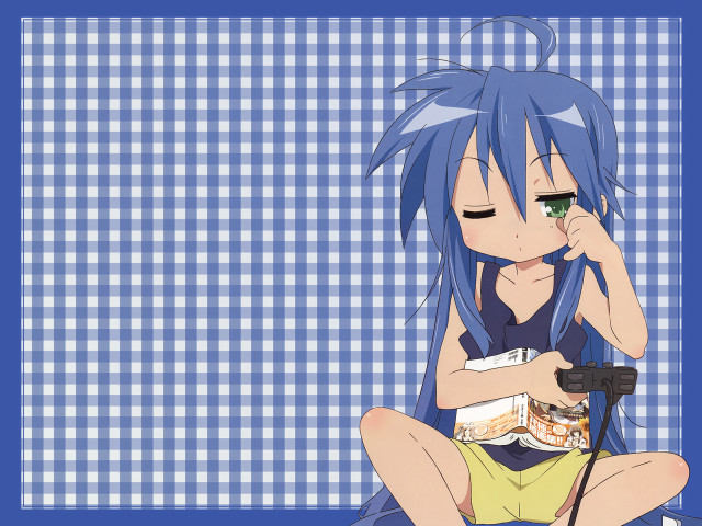 Blue hair girl microphone sitting free wallpaper for desktop - medium preview image