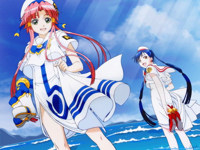 Anime beach 2girls uniform cat free wallpaper for desktop - medium preview image