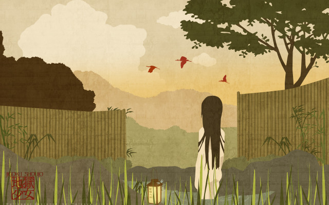 Woman forest lantern birds anime free wallpaper for desktop - medium preview image