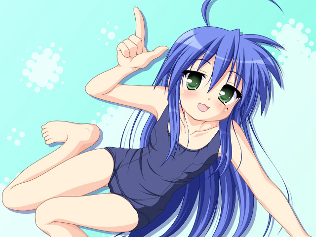 Blue haired anime girl thumbs free wallpaper for desktop - medium preview image