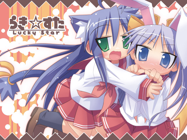 Anime girls hug lucky star free wallpaper for desktop - medium preview image