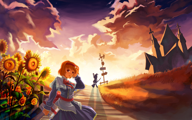 Girl sunflowers castle dusk flower free wallpaper for desktop - medium preview image