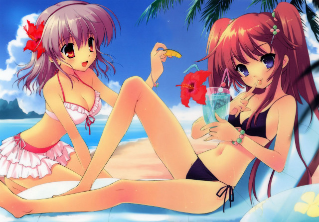Anime girls beach bikini tropical free wallpaper for desktop - medium preview image