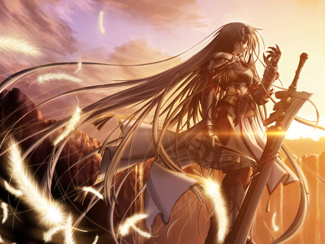Girl sword sunset fantasy armor free wallpaper for desktop - medium preview image