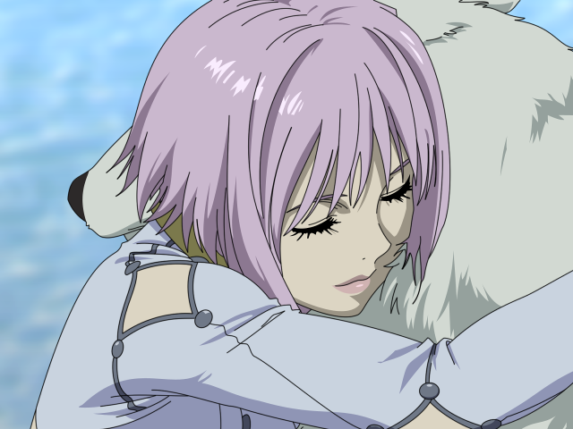 Woman pinkhair hugging whitebear water free wallpaper for desktop - medium preview image