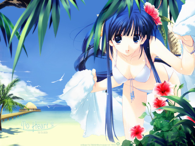 Woman beach palm flowers blue free wallpaper for desktop - medium preview image