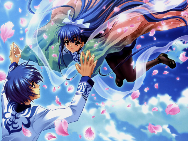 Anime couple flying petals sky free wallpaper for desktop - medium preview image