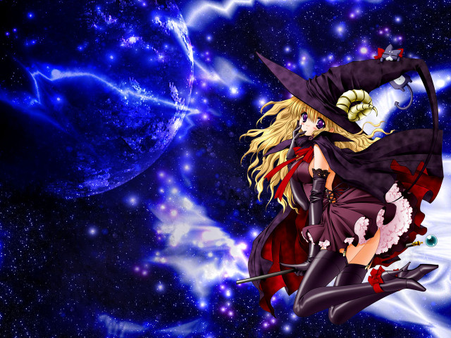 Witch flying broom hat anime free wallpaper for desktop - medium preview image