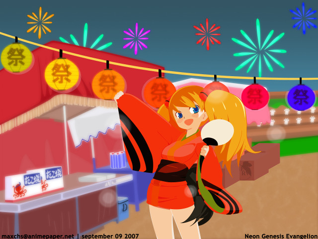 Cartoon girl kite fireworks happynewyear free wallpaper for desktop - medium preview image