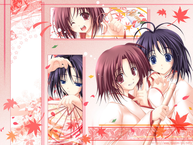 Anime girls hugging autumn leaves free wallpaper for desktop - medium preview image