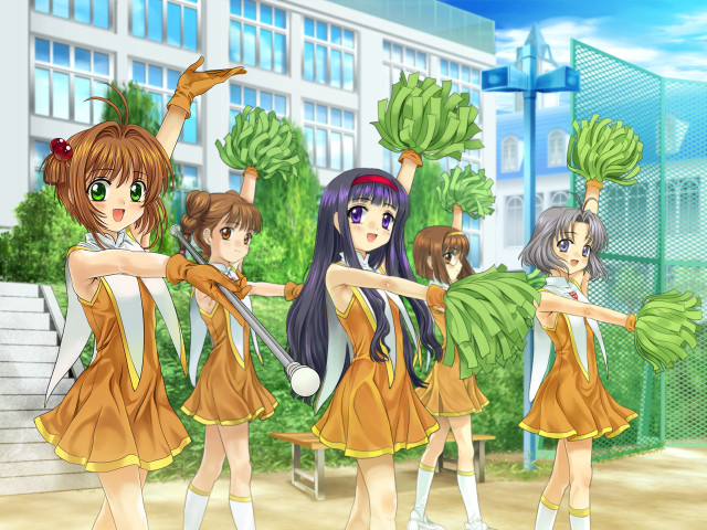 Anime girls green plants cheerleader free wallpaper for desktop - medium preview image