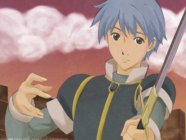 Blue haired man sword cloud free wallpaper for desktop - medium preview image