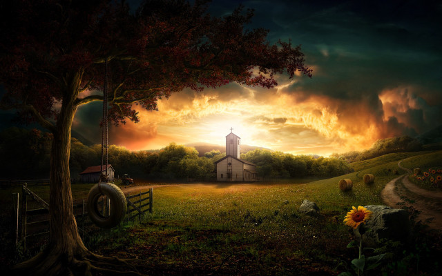 Church field tree barn sunset #3 free wallpaper for desktop - medium preview image
