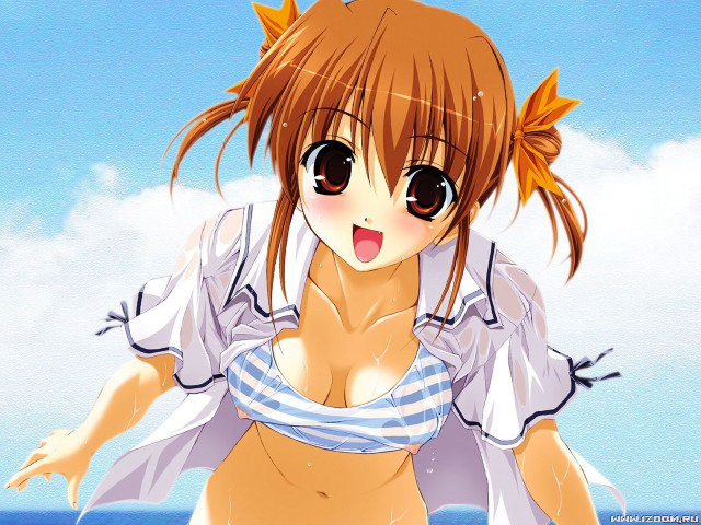 Cartoon girl beach open shirt free wallpaper for desktop - medium preview image