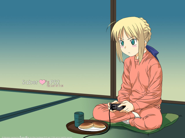 Anime saber girl sitting green free wallpaper for desktop - medium preview image