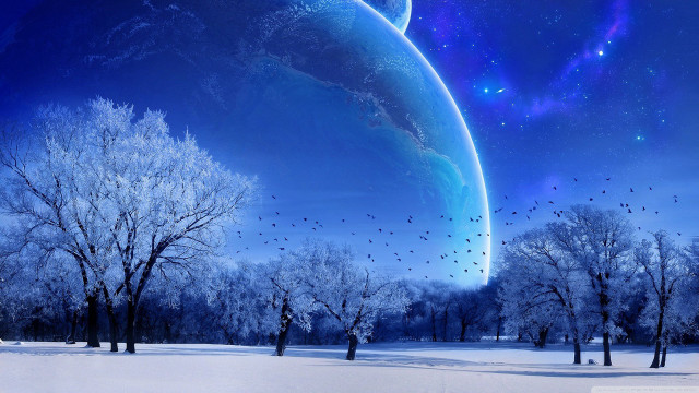 Blue planet stars birds snow free wallpaper for desktop - medium preview image