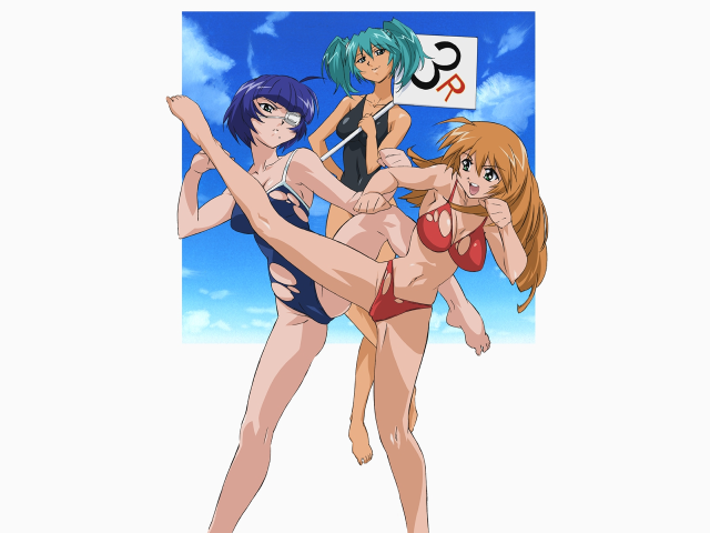 Three anime girls bikinis pose free wallpaper for desktop - medium preview image